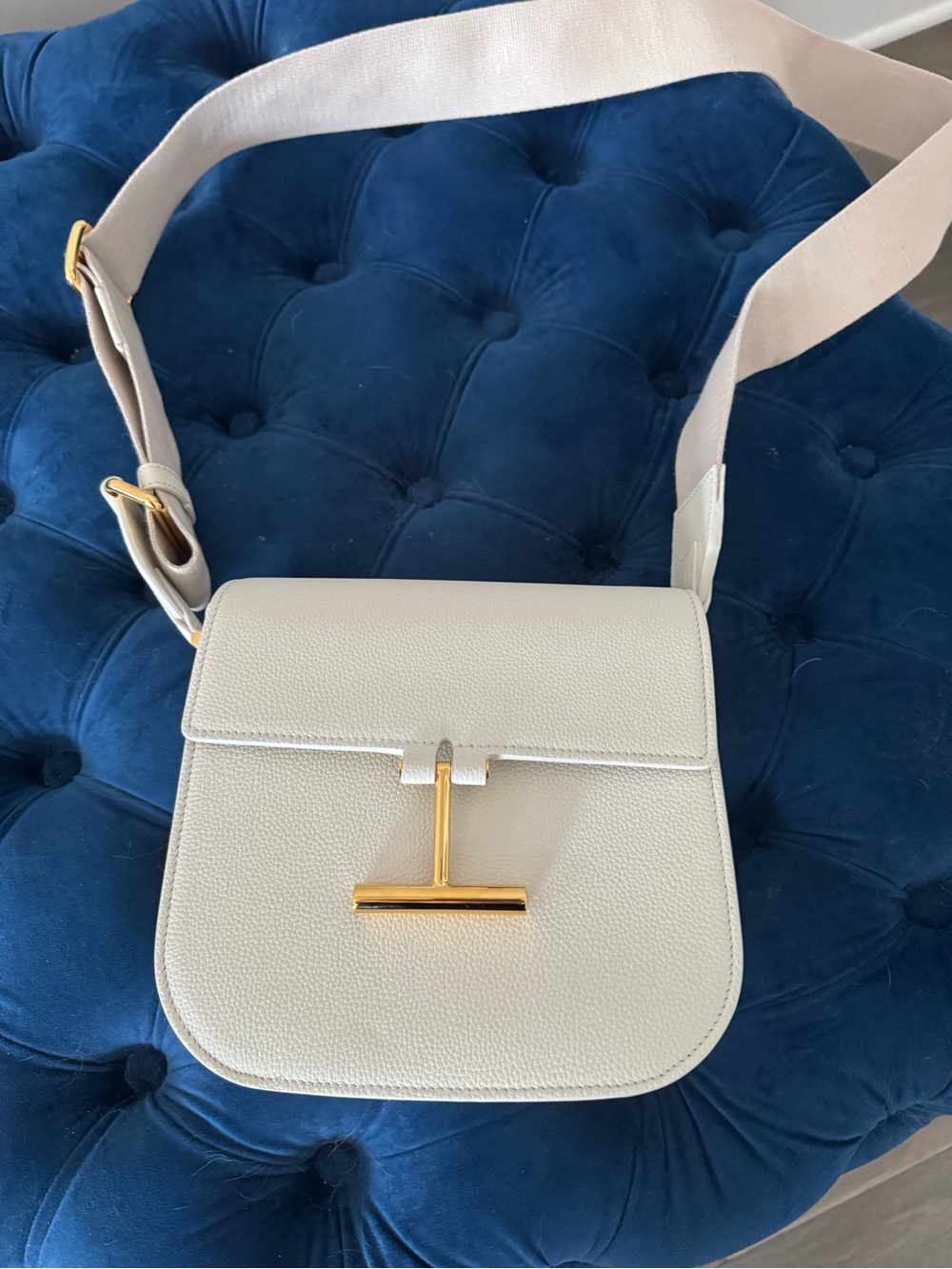 Tom Ford Cream Leather Crossbody with Gold T-Bar Accent